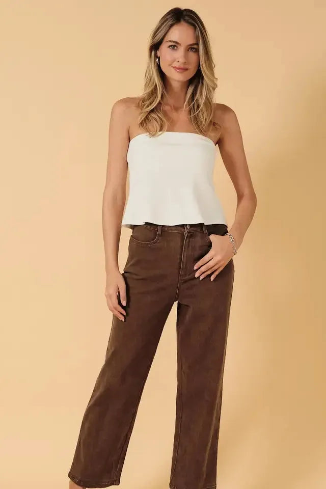 High Rise Stretchy Wide Leg Brown Jeans