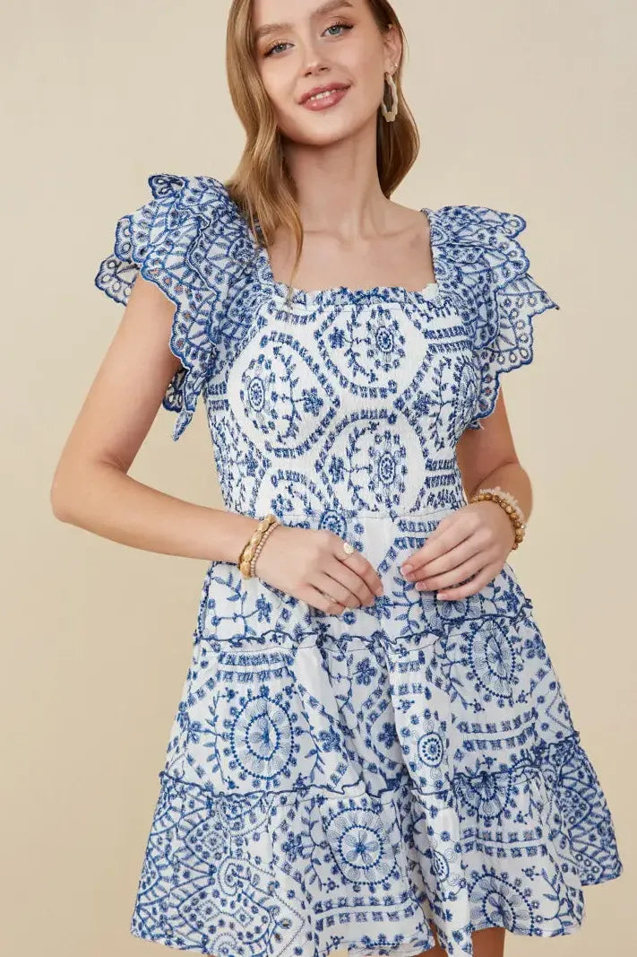 Blue Floral Mini Scallop Dress