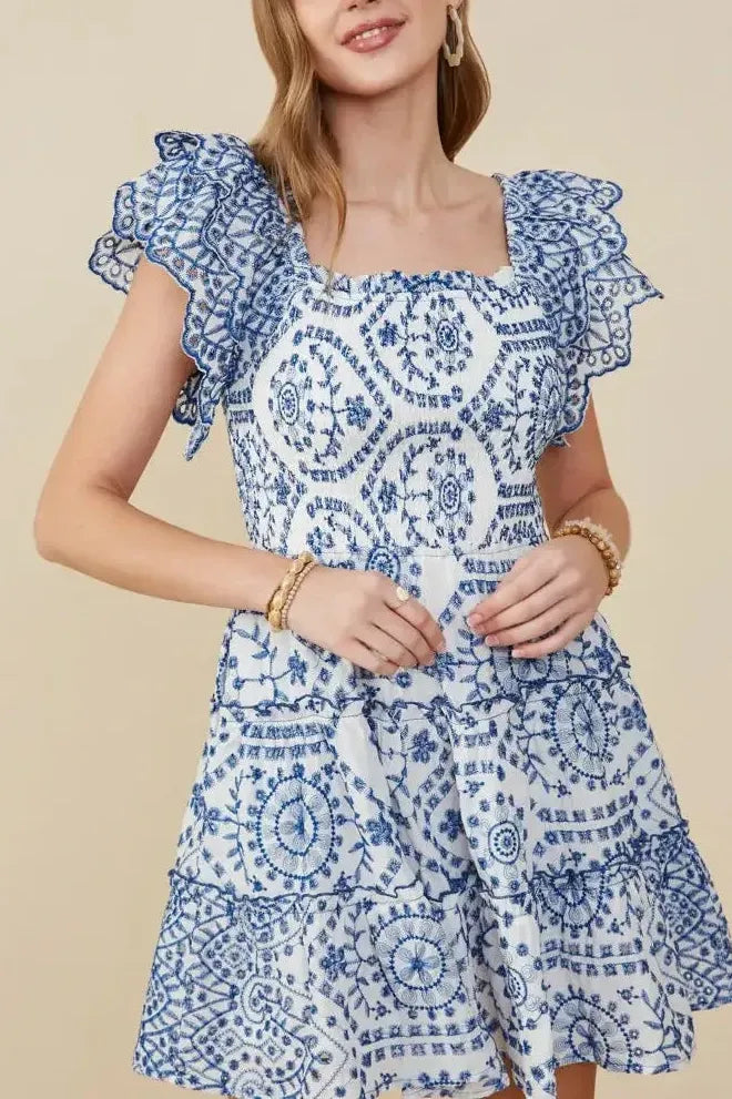 Blue Floral Mini Scallop Dress