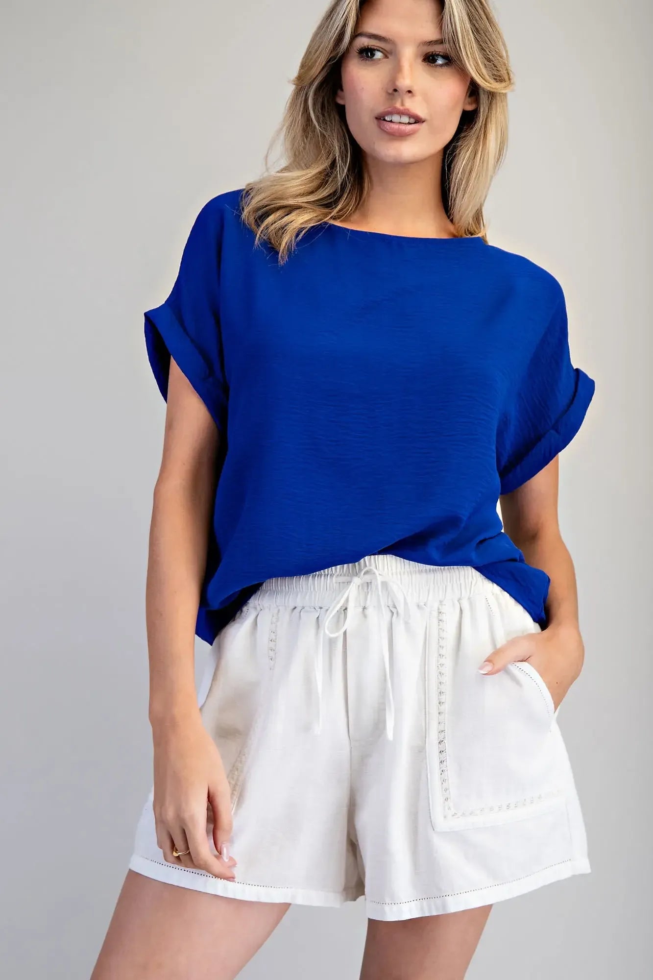 Royal Blue Solid Round Neck Short Sleeve Top