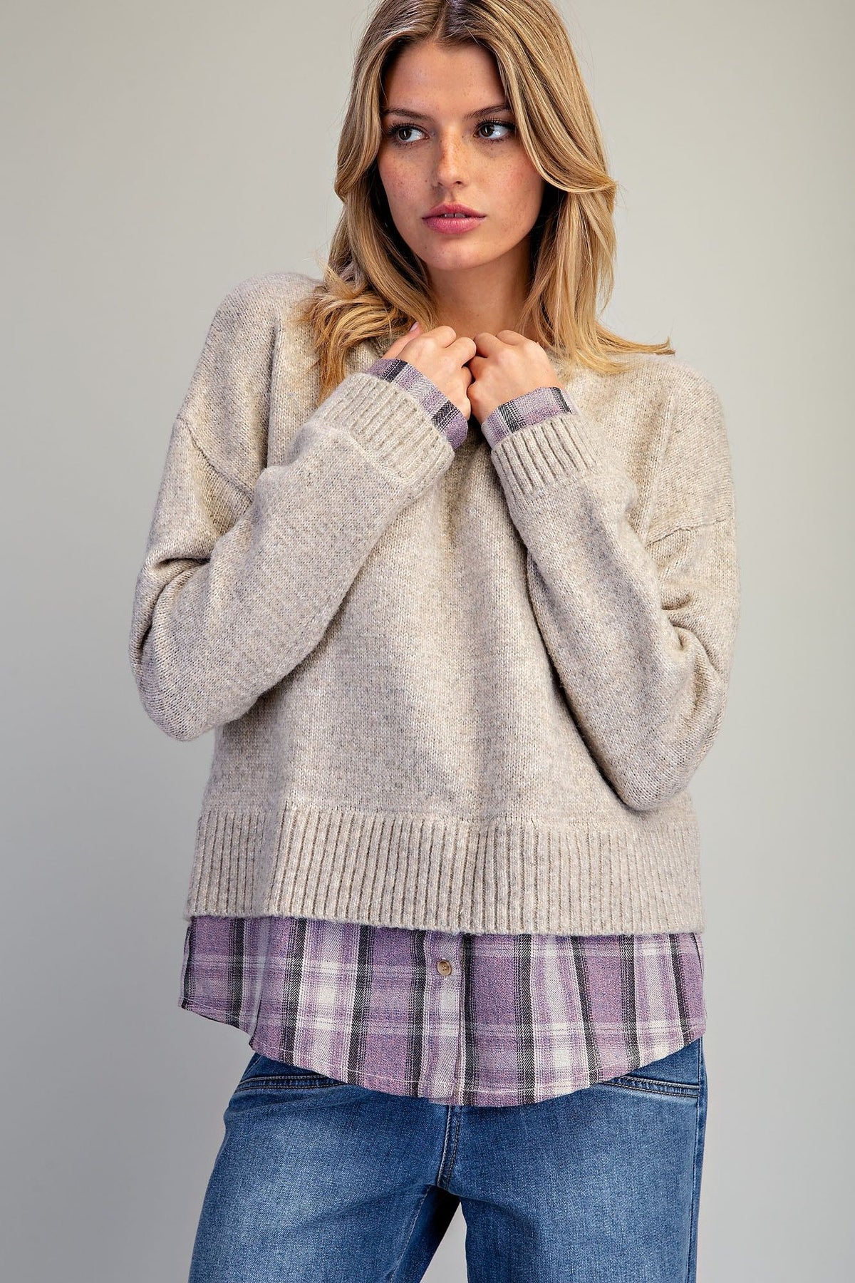 Plaid Layered Crew Neck Sweater
