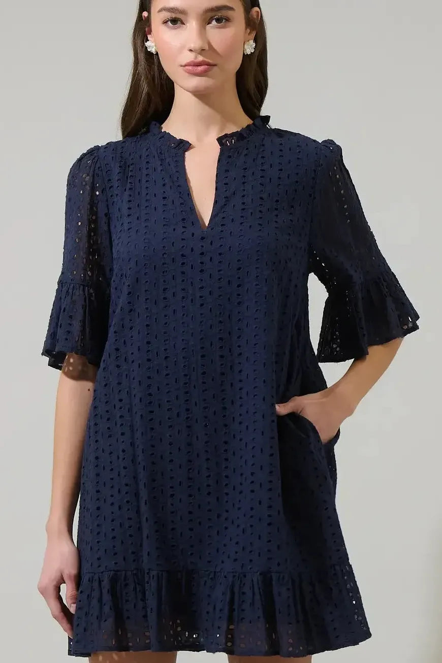 Navy Eyelet Mini Dress