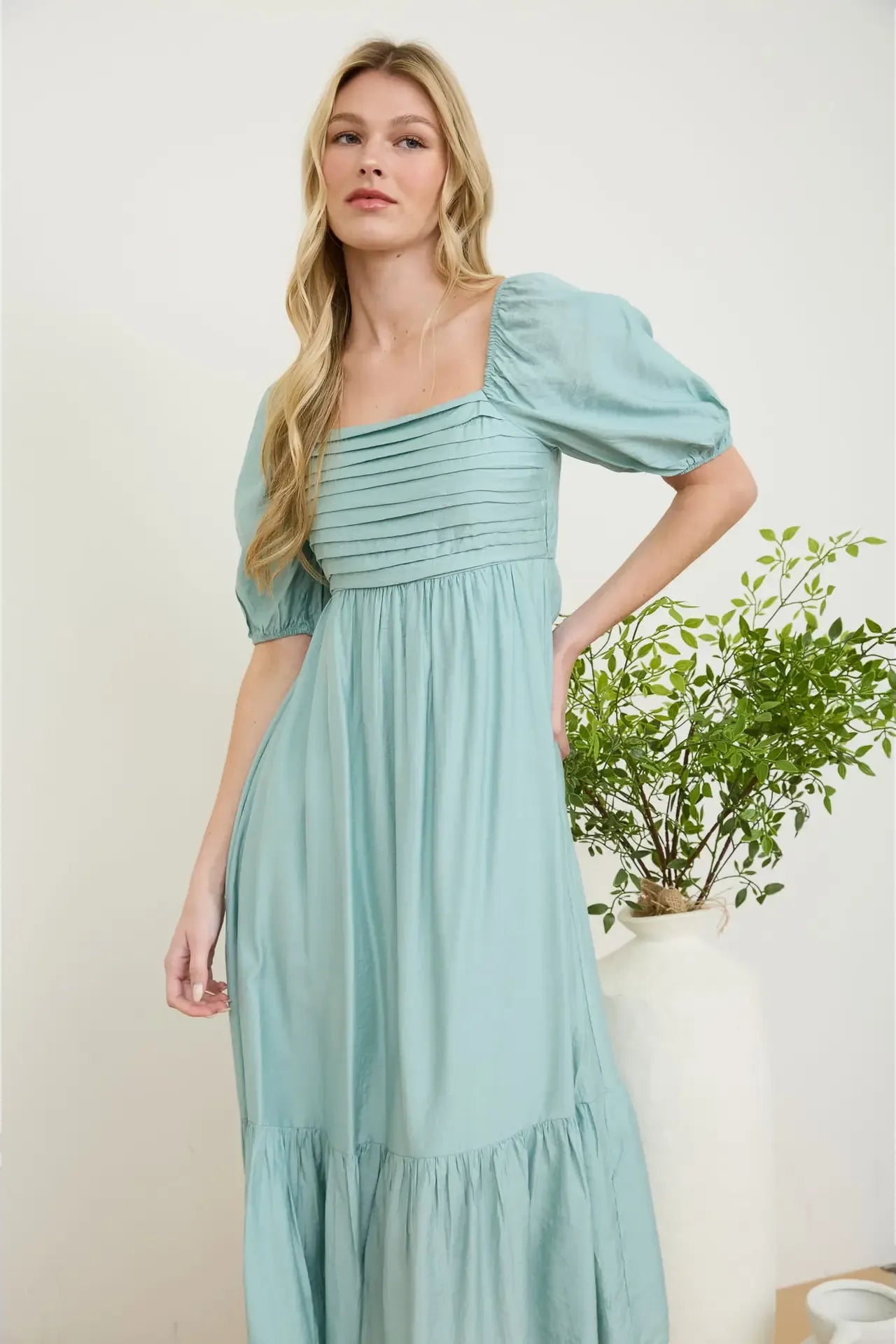 Dusty Mint Empire Waist Pleated Midi Dress