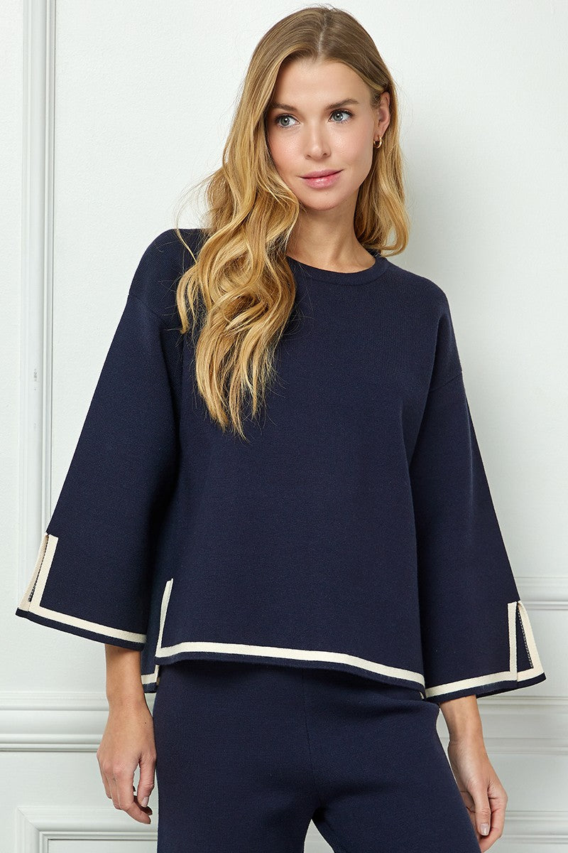 Navy 3/4 Sweater Detailing Top