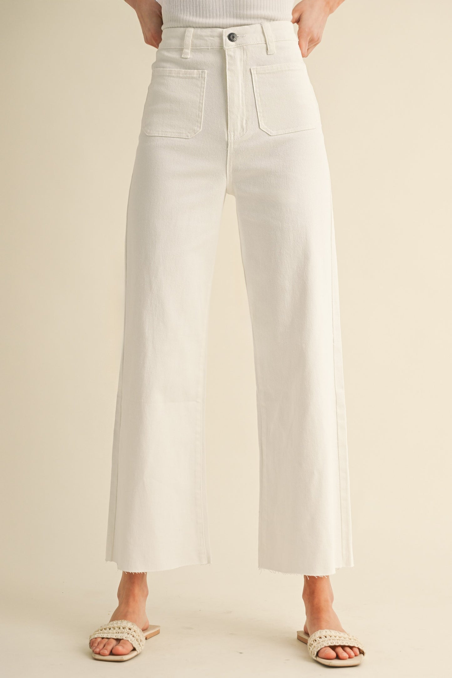 Front Pocket Wide Leg Stretchy White Jeans
