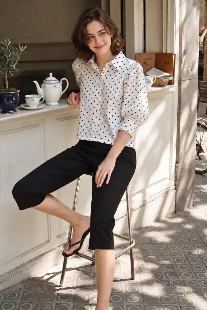 Polka Dot Linen Puff Sleeve Blouse
