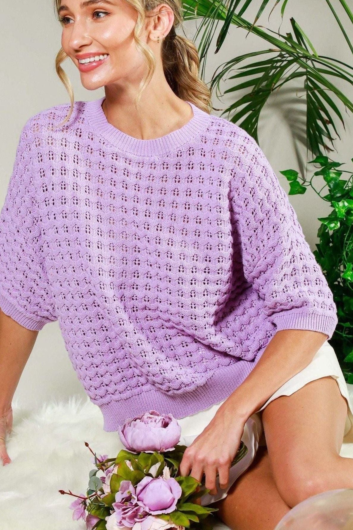 Short Sleeve Pointelle Lavender Sweater Top