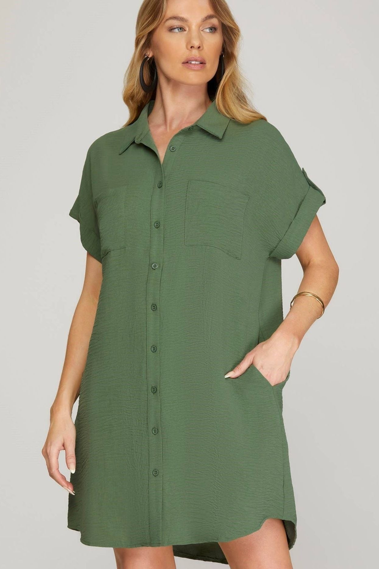 Woven Olive Button Down Dress