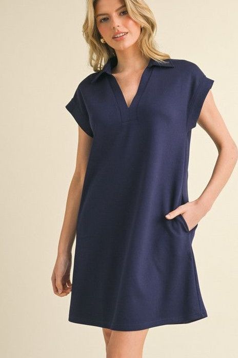 Solid Navy Collared Mini Dress