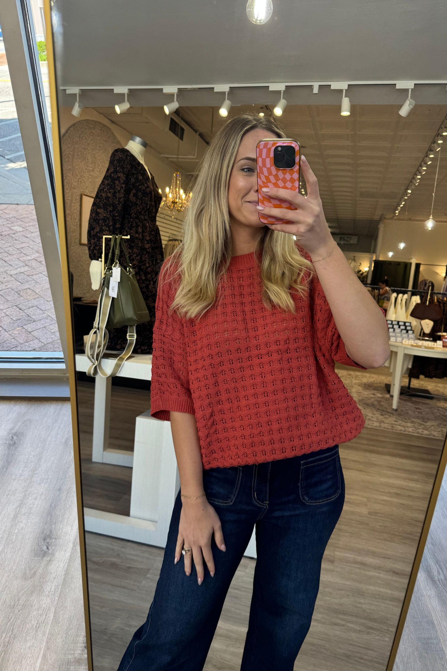 Short Sleeve Pointelle Rust Sweater Top