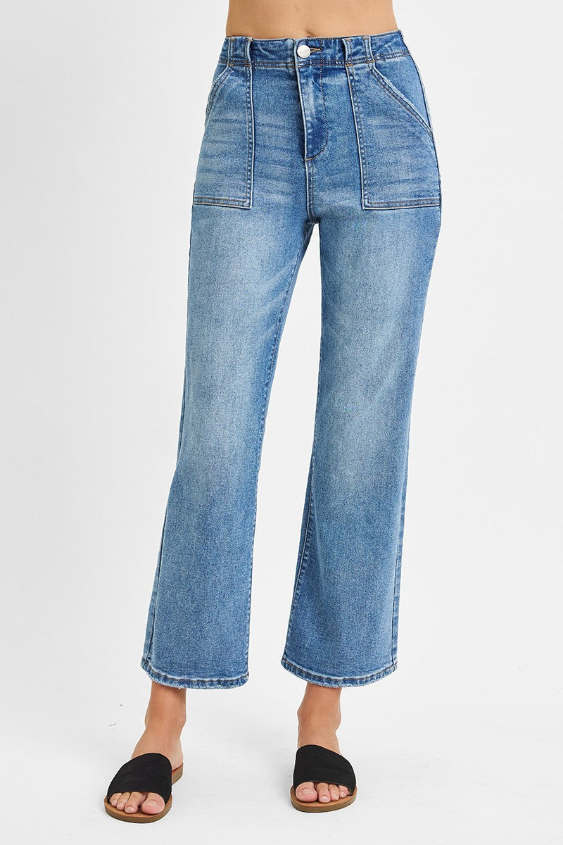 High Rise Ankle Flare Pocked Jeans