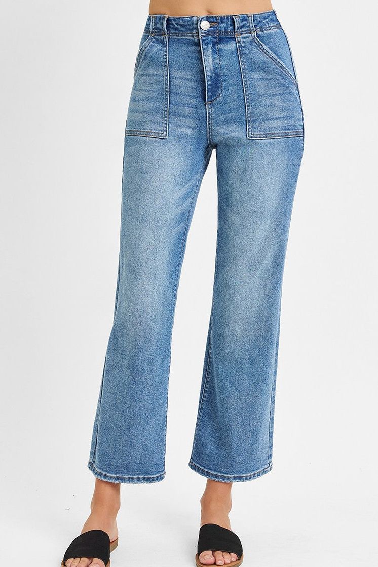 High Rise Ankle Flare Pocked Jeans