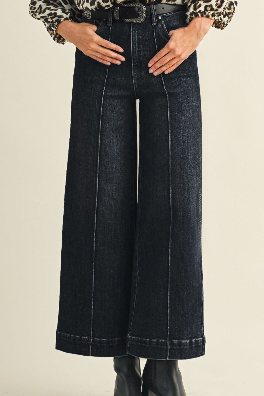 Black Denim High Rise Wide Leg Pin Tuck Detail