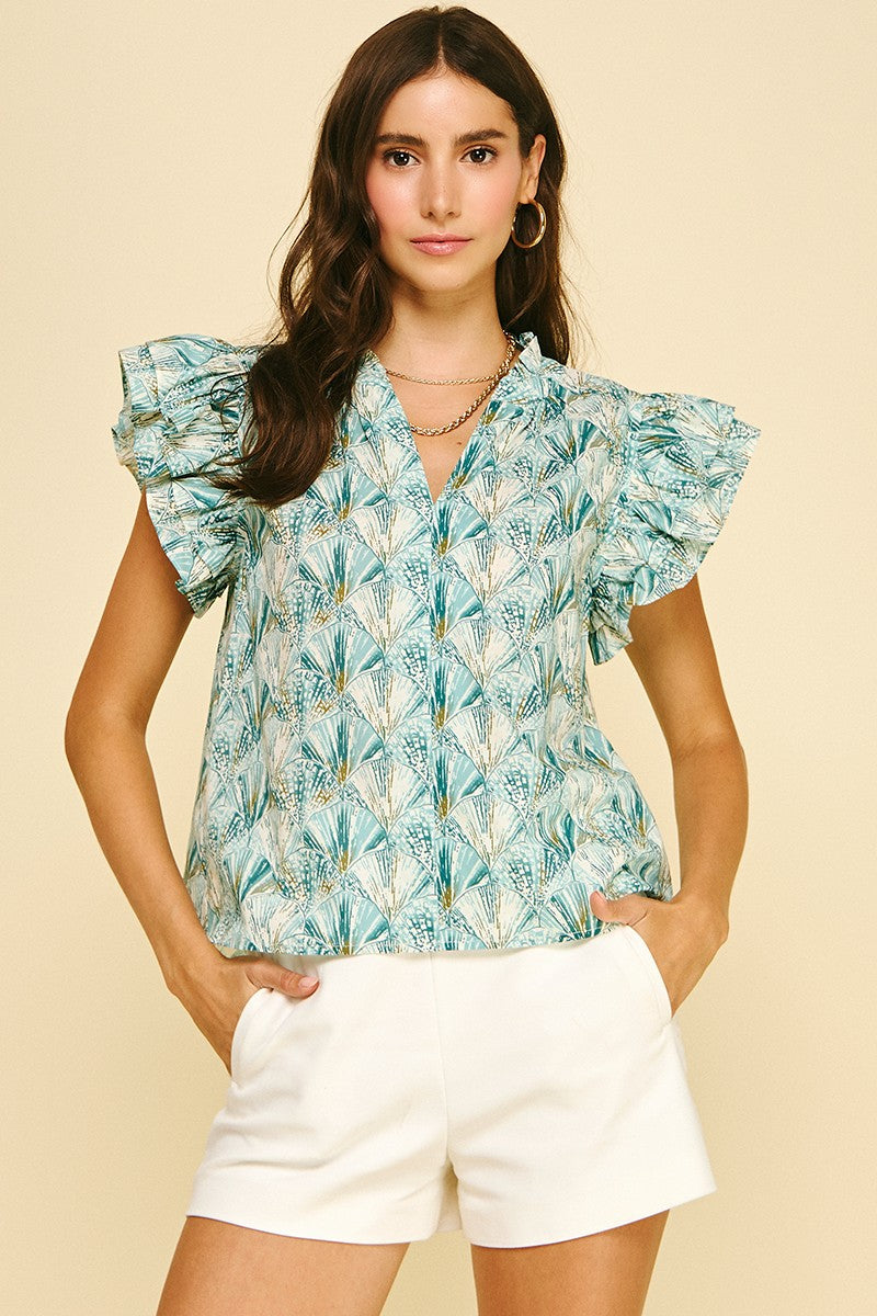 Seashell Printed V-Neck Blouse Top