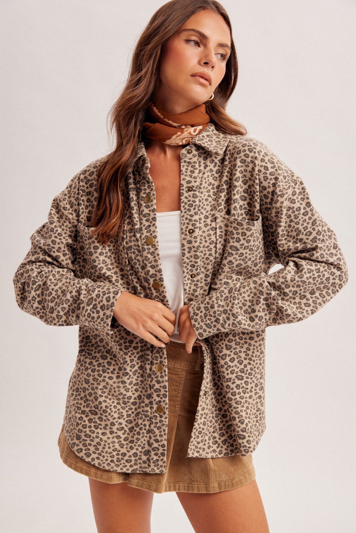 Brushed Animal Print Snap Button Shacket