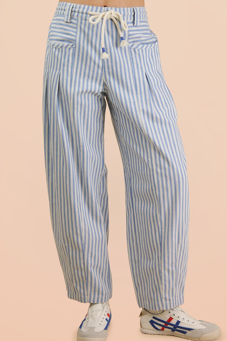 Sky Blue Pinstripe Barrel Pants