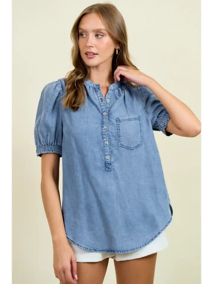 Collared Puff Sleeve Button Down Top