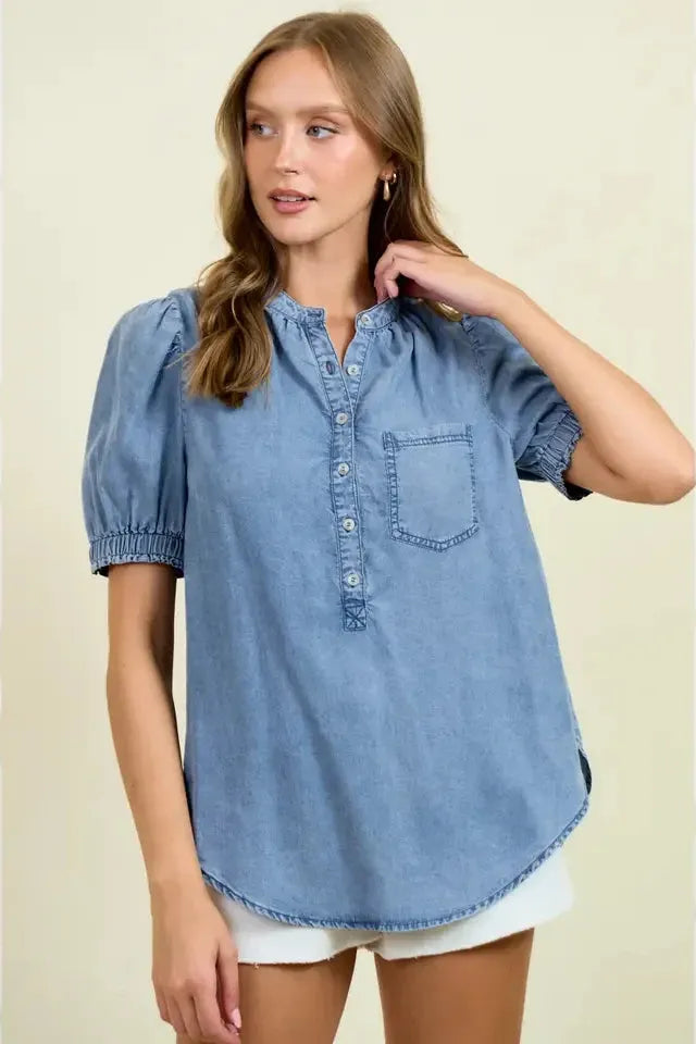 Collared Puff Sleeve Button Down Top