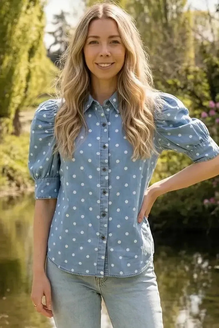 Polka Dot Puff Sleeve Denim Top