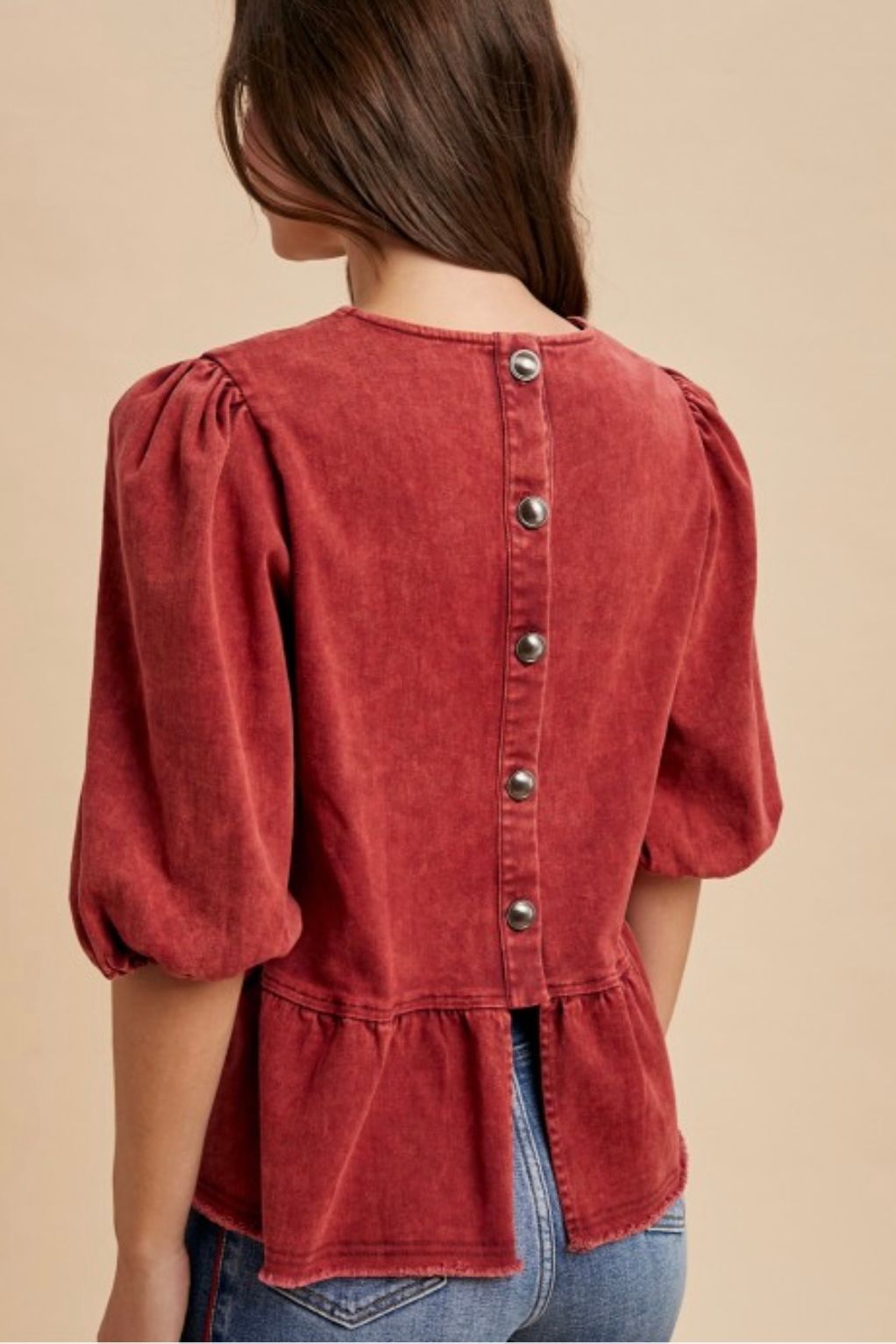 Denim Maroon Top with Back Button Detail