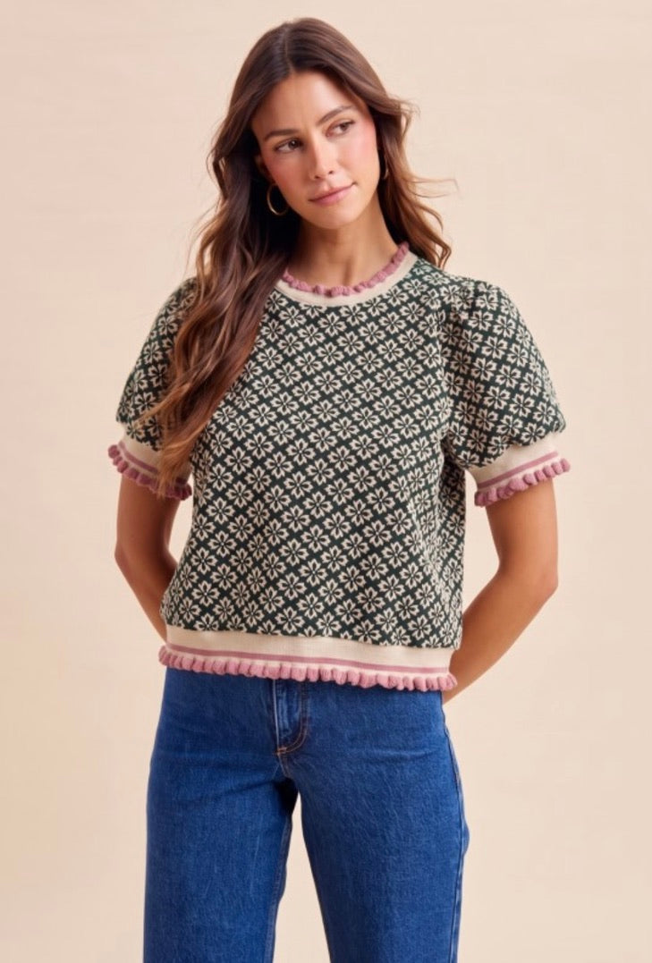 Dark Green Puff Sleeve Knit Top