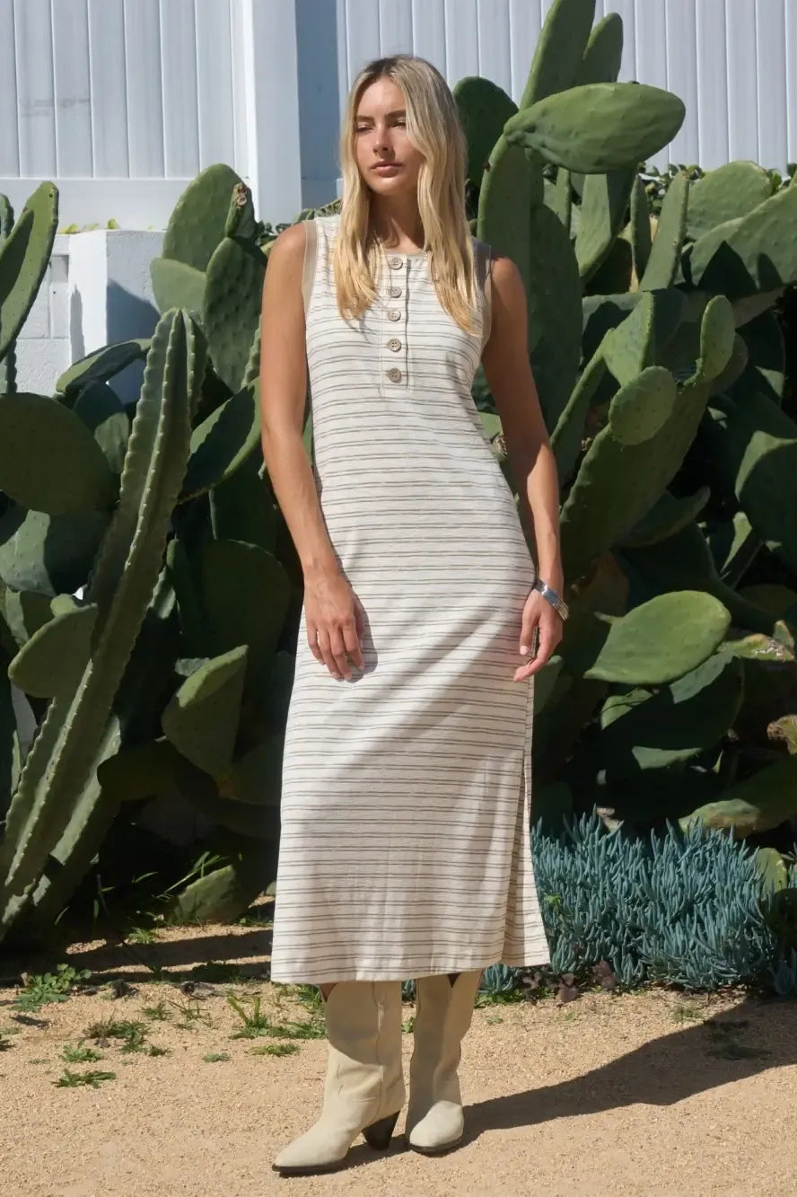 Stripe Button Detail Sleeveless Midi Dress