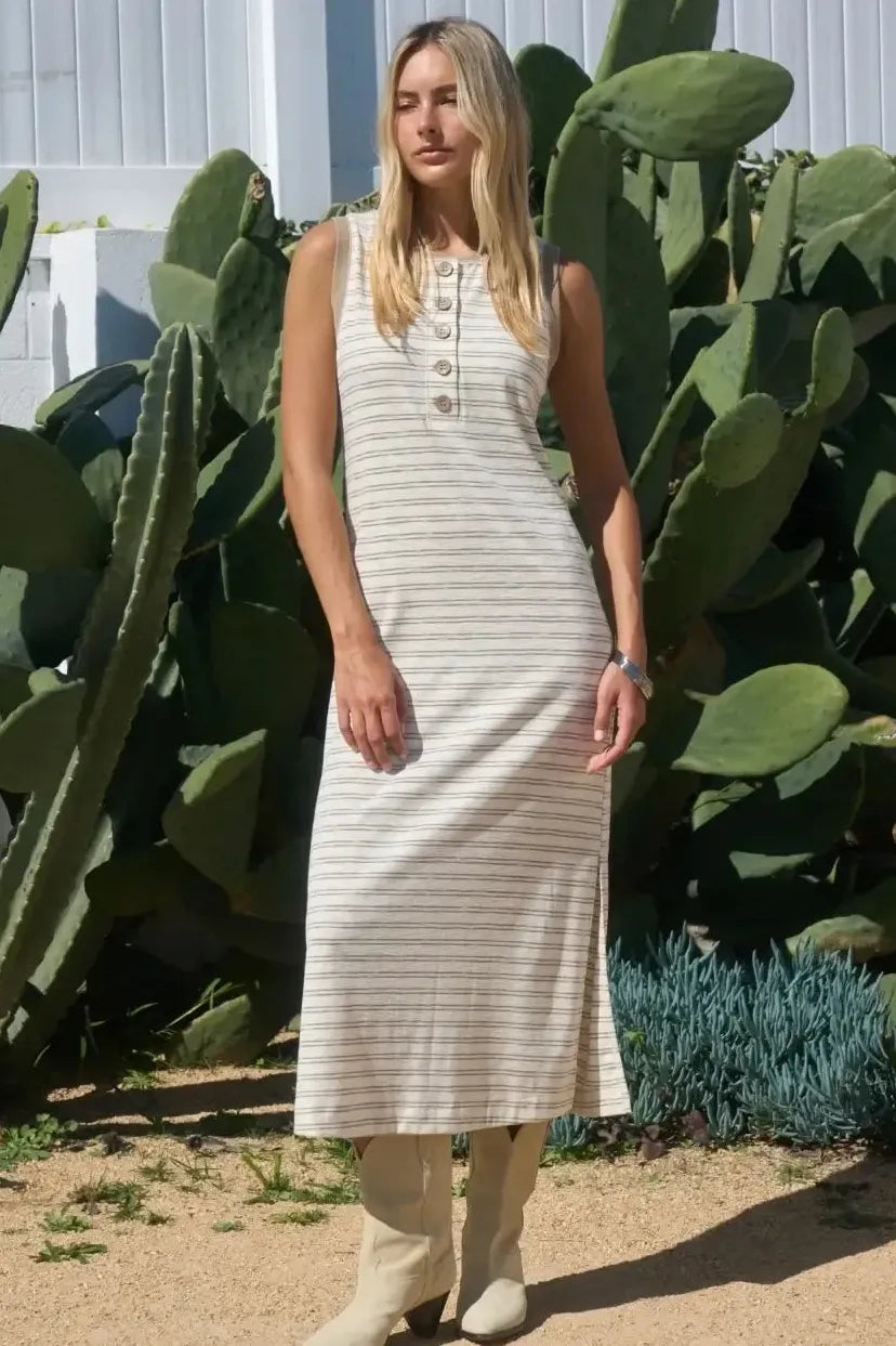 Stripe Button Detail Sleeveless Midi Dress