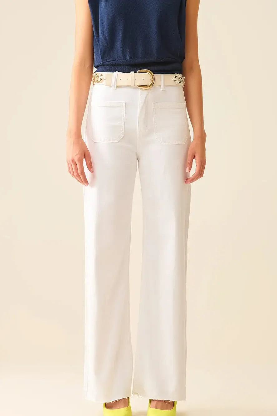 White Straight Leg Pants With Front Pockets