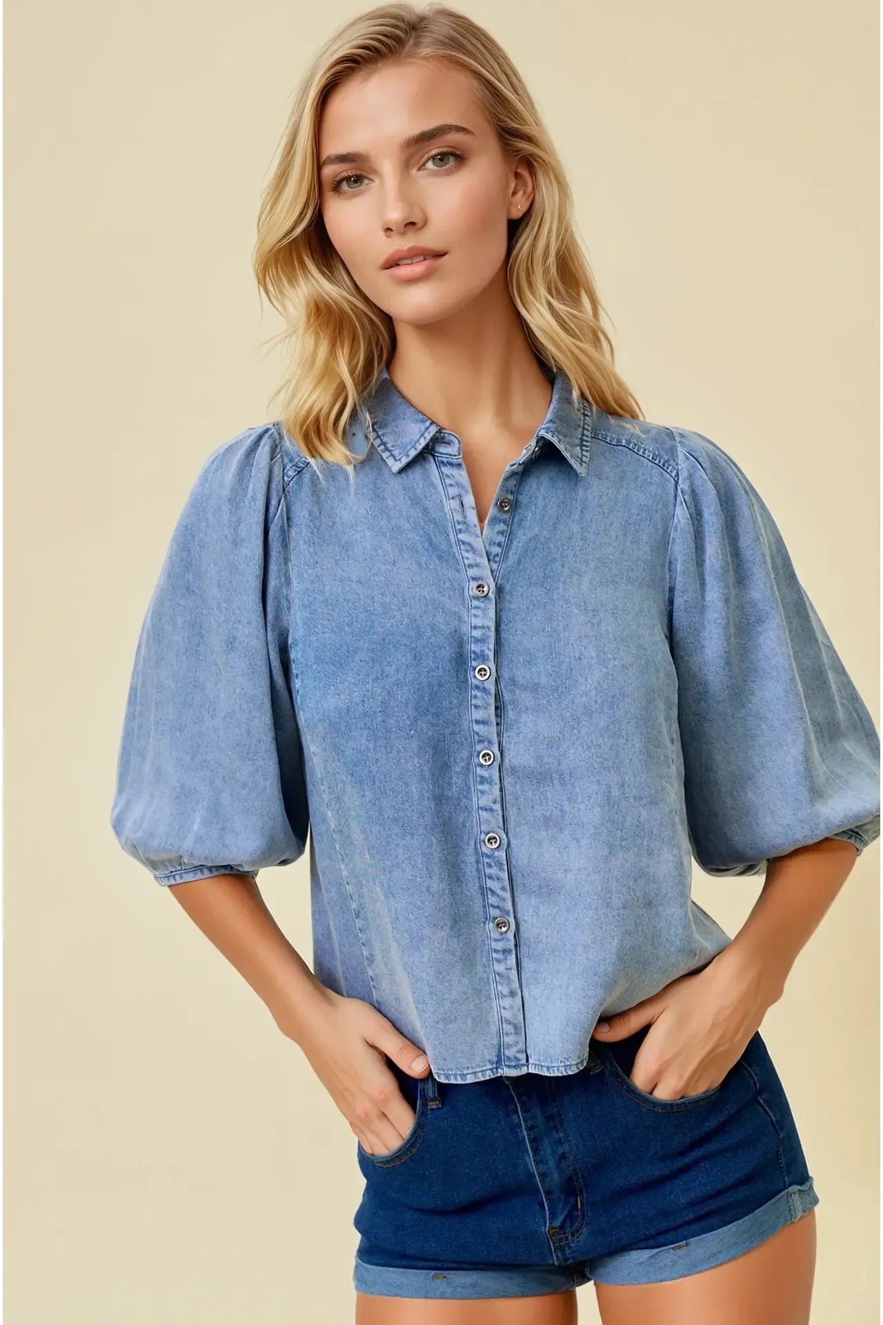 Light Denim Puff Sleeve Top