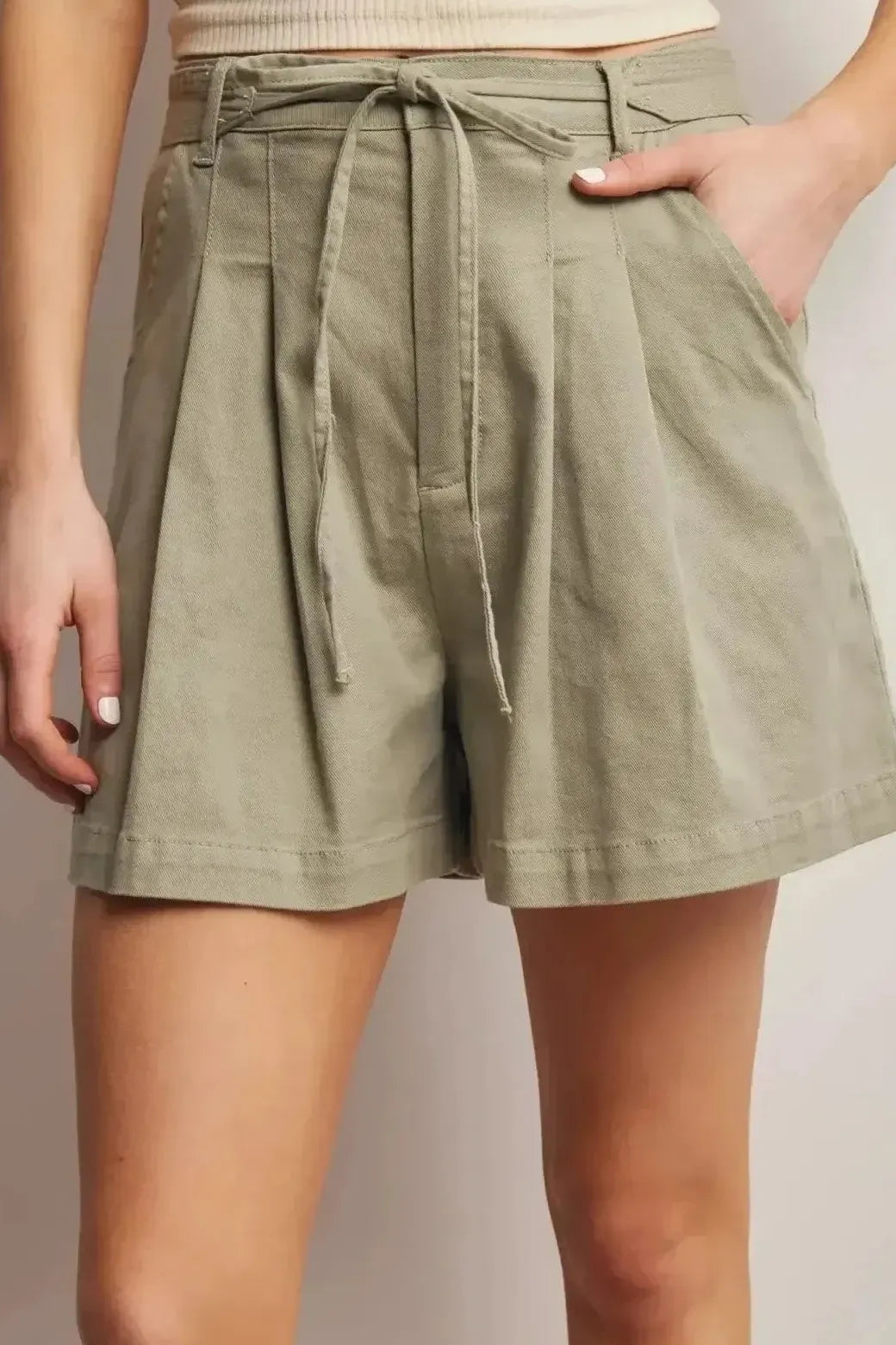 Pleated Drawstring Olive Shorts