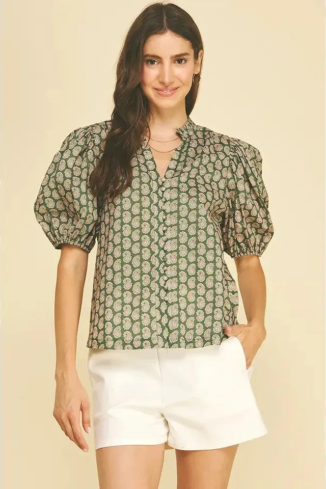 Paisley Olive and Pink V-Neck Blouse