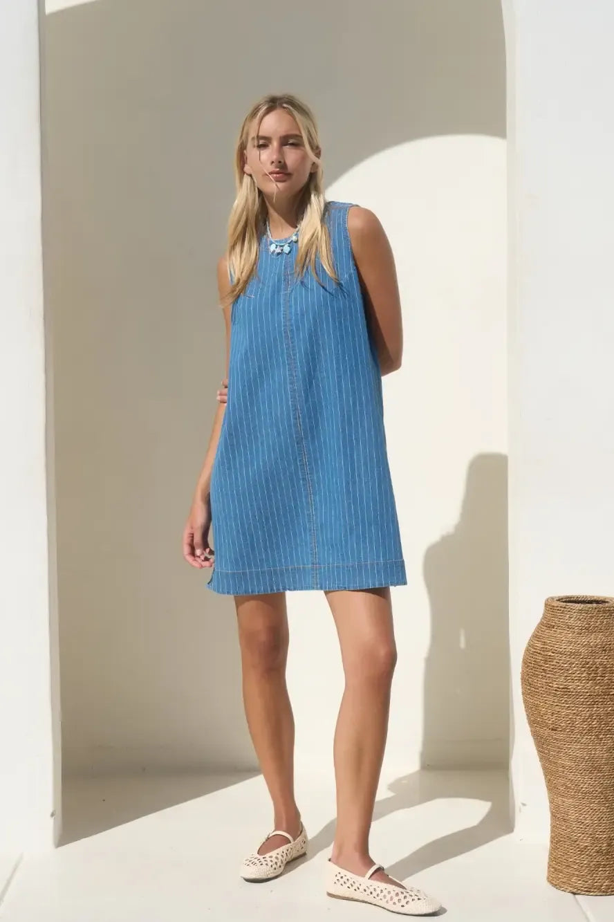 Striped Denim Sleeveless Light A-Line Dress