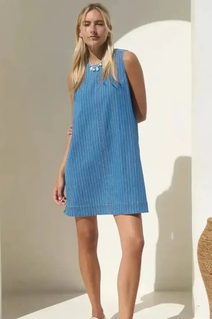 Striped Denim Sleeveless Light A-Line Dress