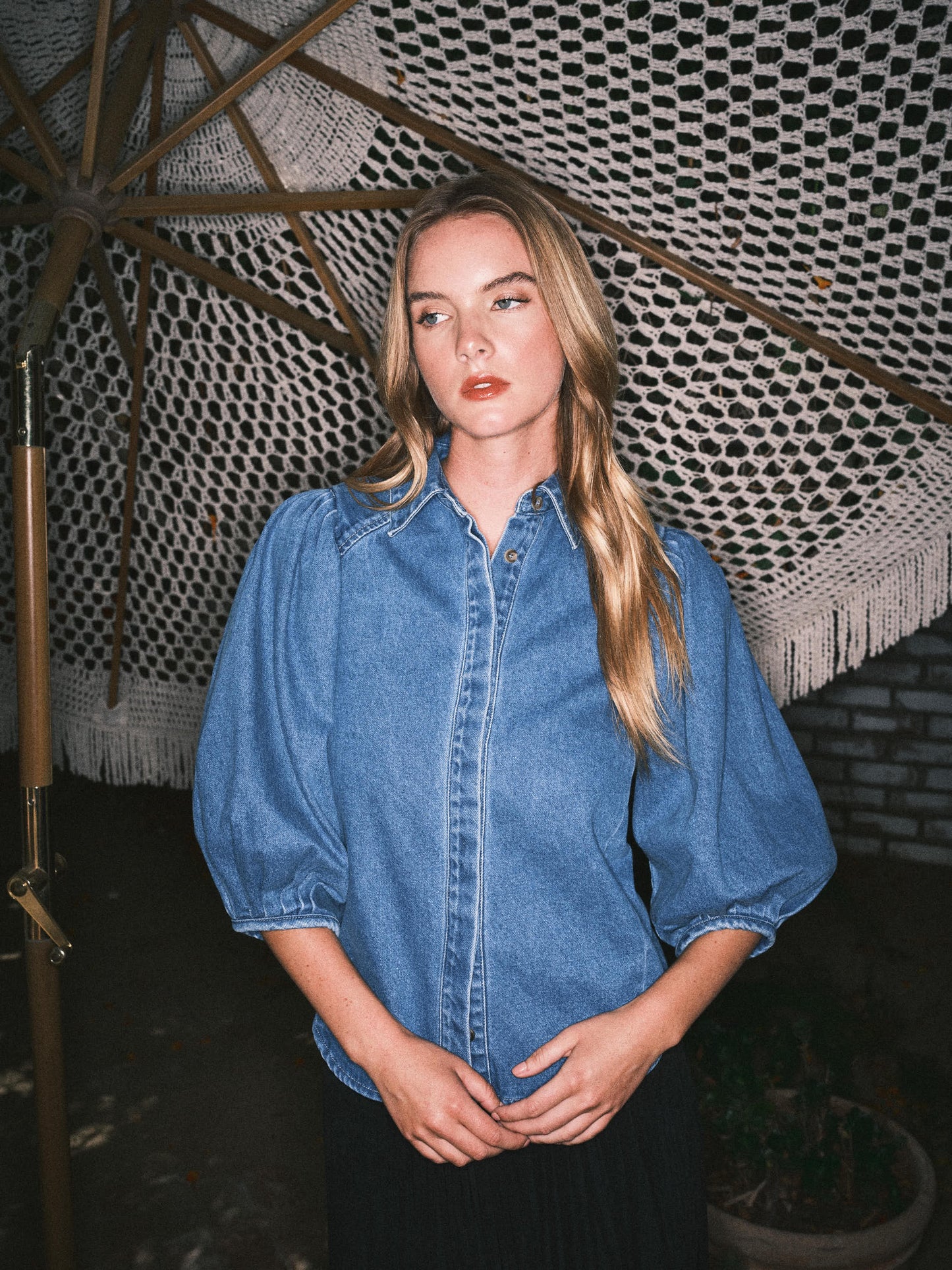 AT5411- Denim Puff Sleeve Blouse