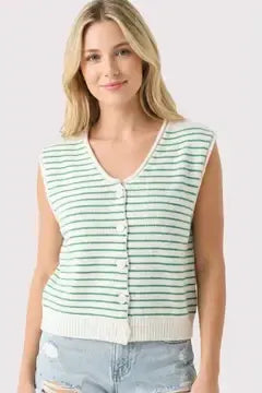 Green and Ivory Striped Button Down Sweater Tank