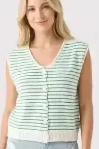 Green and Ivory Striped Button Down Sweater Tank