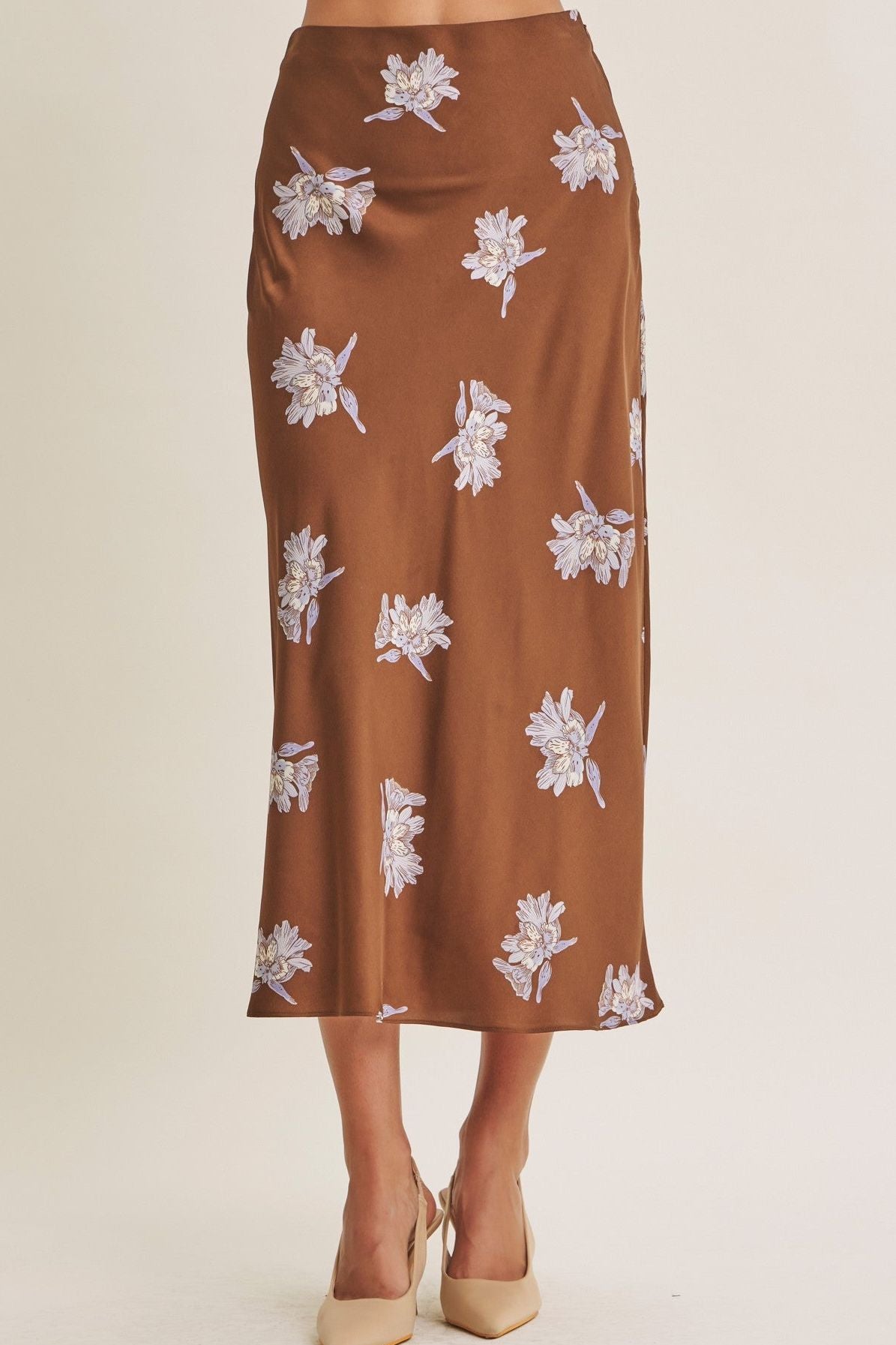 Brown With Blue Floral Satin Midi Skirt
