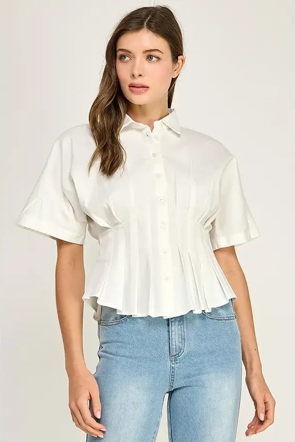 White Pleated Waist Short Sleeve Top
