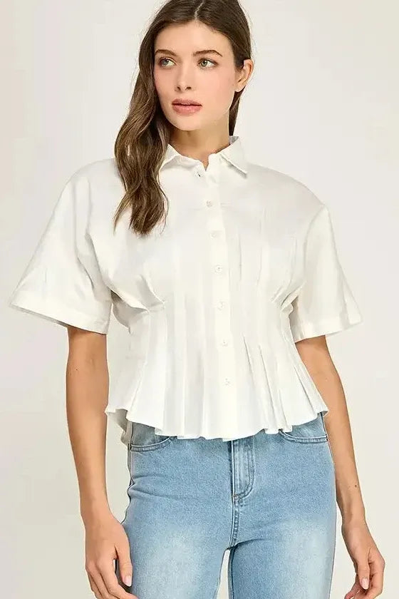 White Pleated Waist Short Sleeve Top