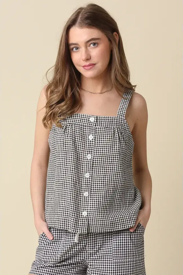 Black and White Gingham Button Down Top