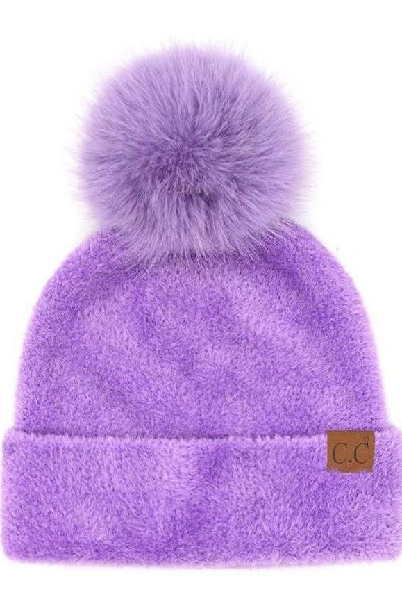 C.C Plush Terry Chenille Pom Beanie Winter Hat: Lavender