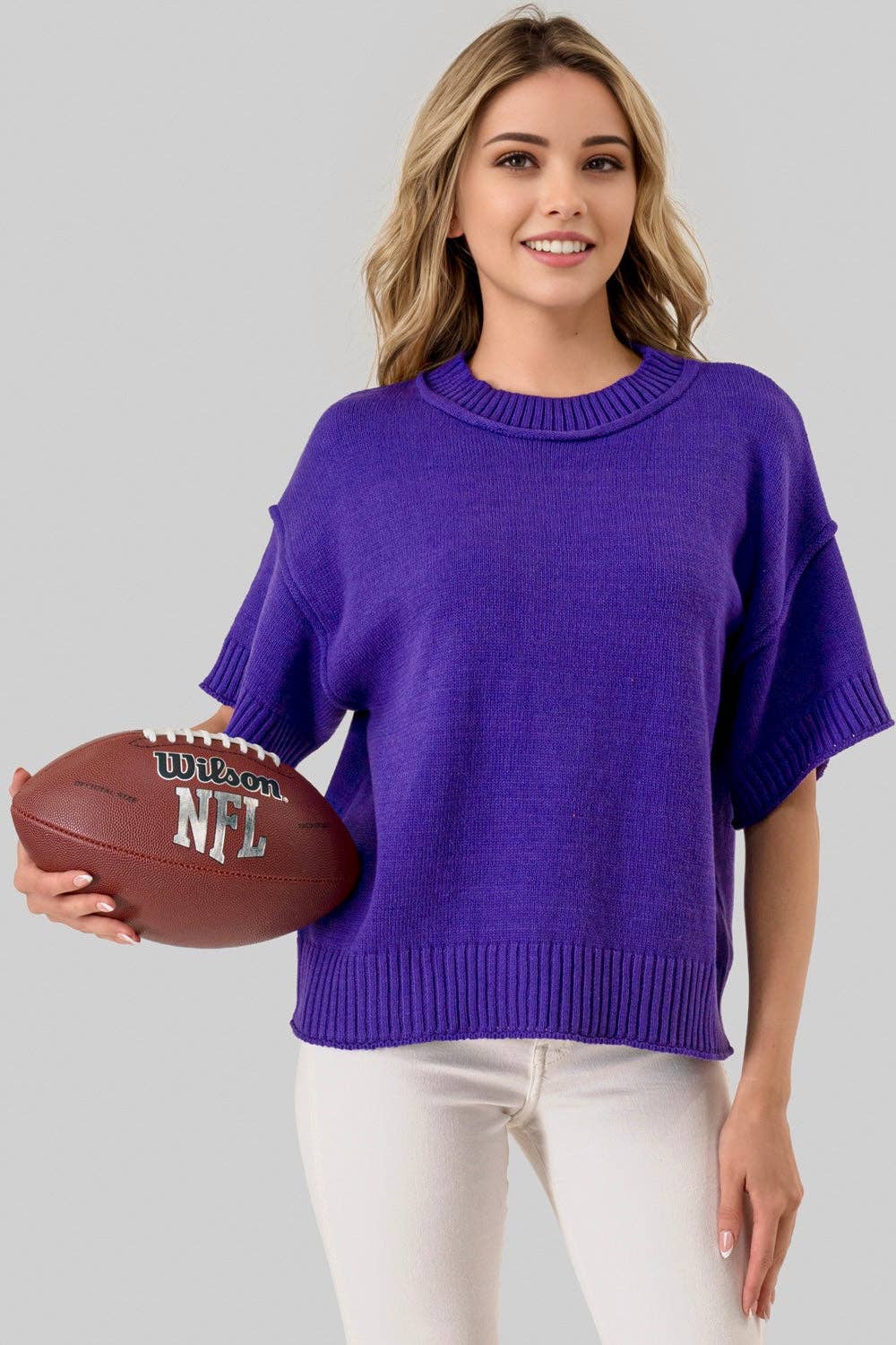 Reverse Seam Short Sleeve Game Day Sweater in Purple by Pixi + Ivy