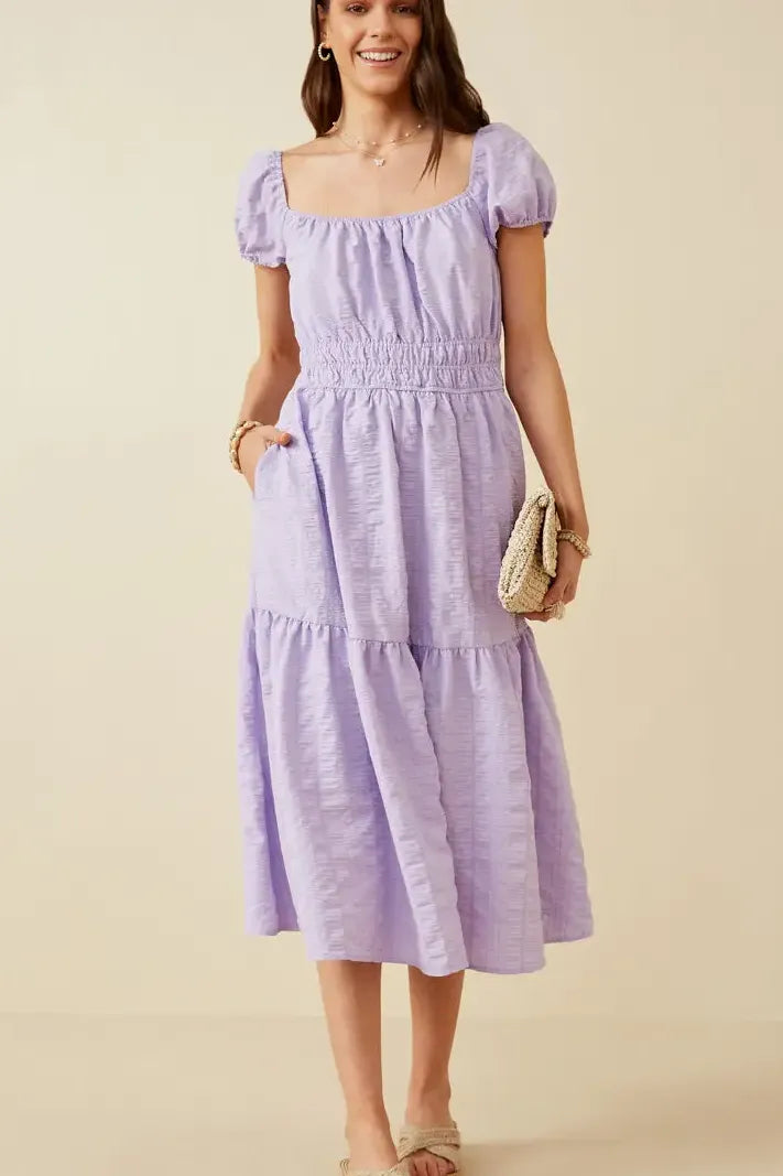 Smocked Waist Square Neck Midi Dress
