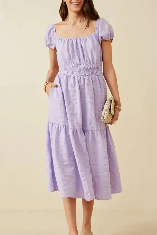 Smocked Waist Square Neck Midi Dress