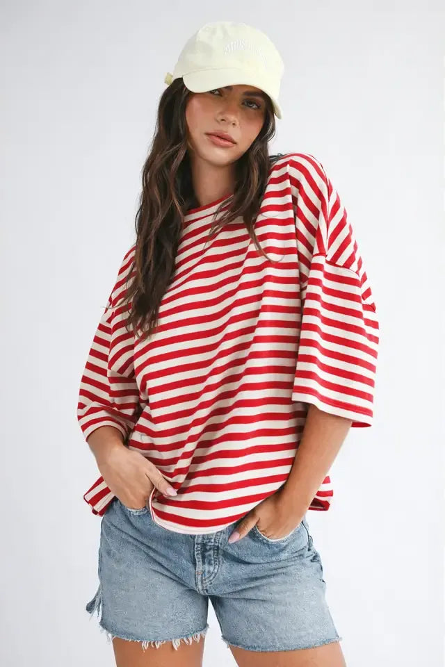 Red Oversized Striped Relaxed Fit Tee