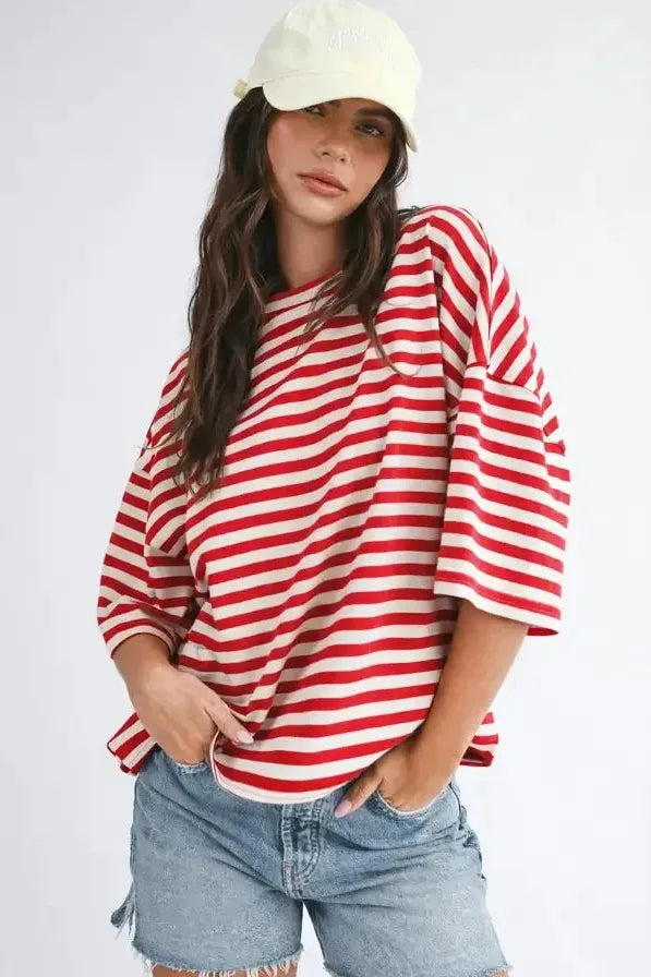Red Oversized Striped Relaxed Fit Tee