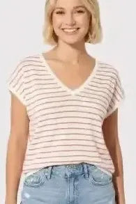 Ivory and Orange Striped V-Neck Short Sleeve