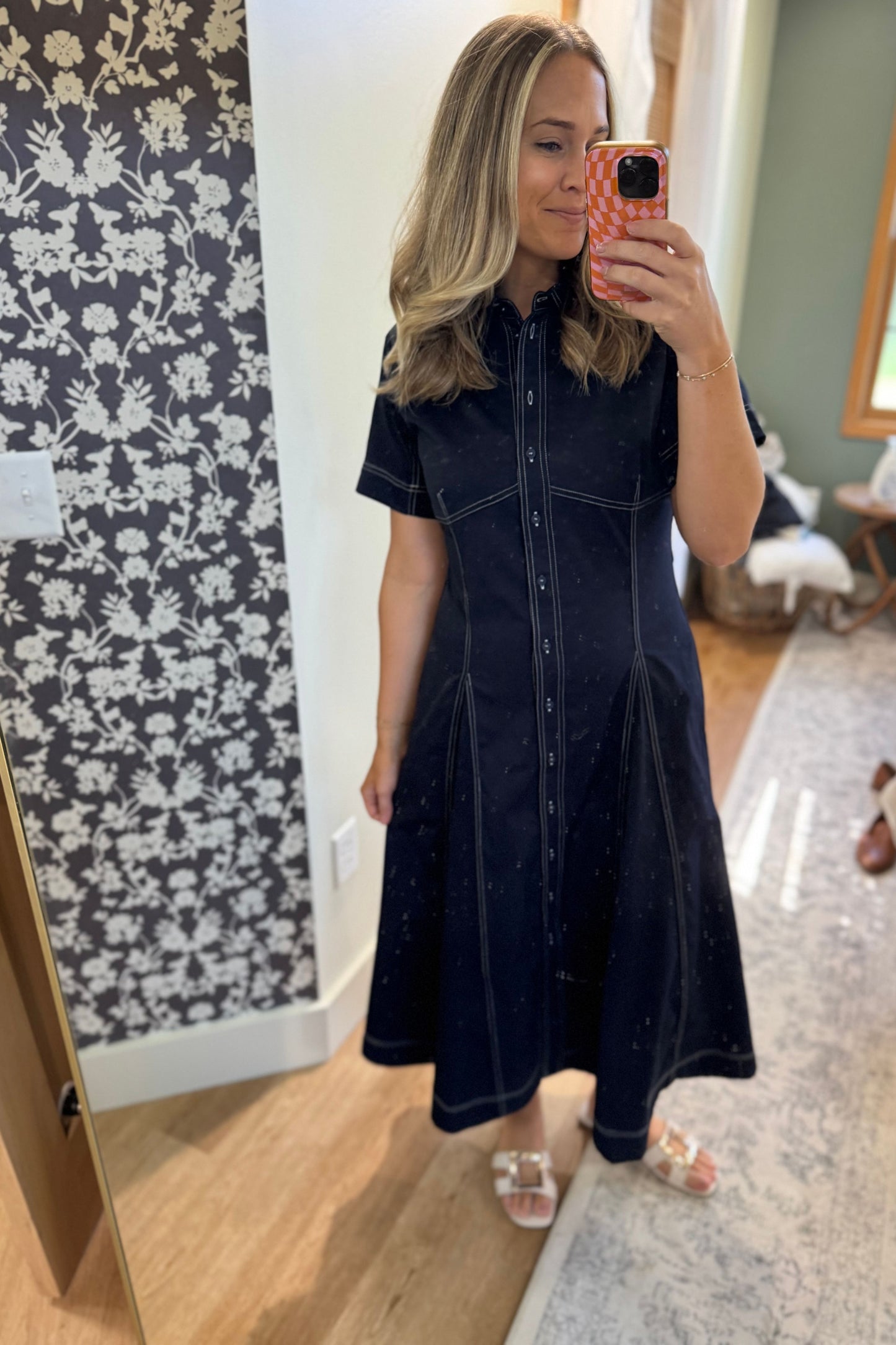 Short Sleeve Button Down Navy Midi Dress
