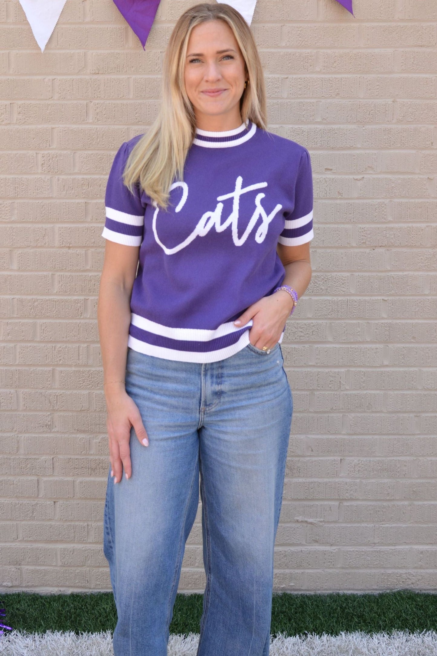 Purple Knit Varsity Top – “Cats” Script