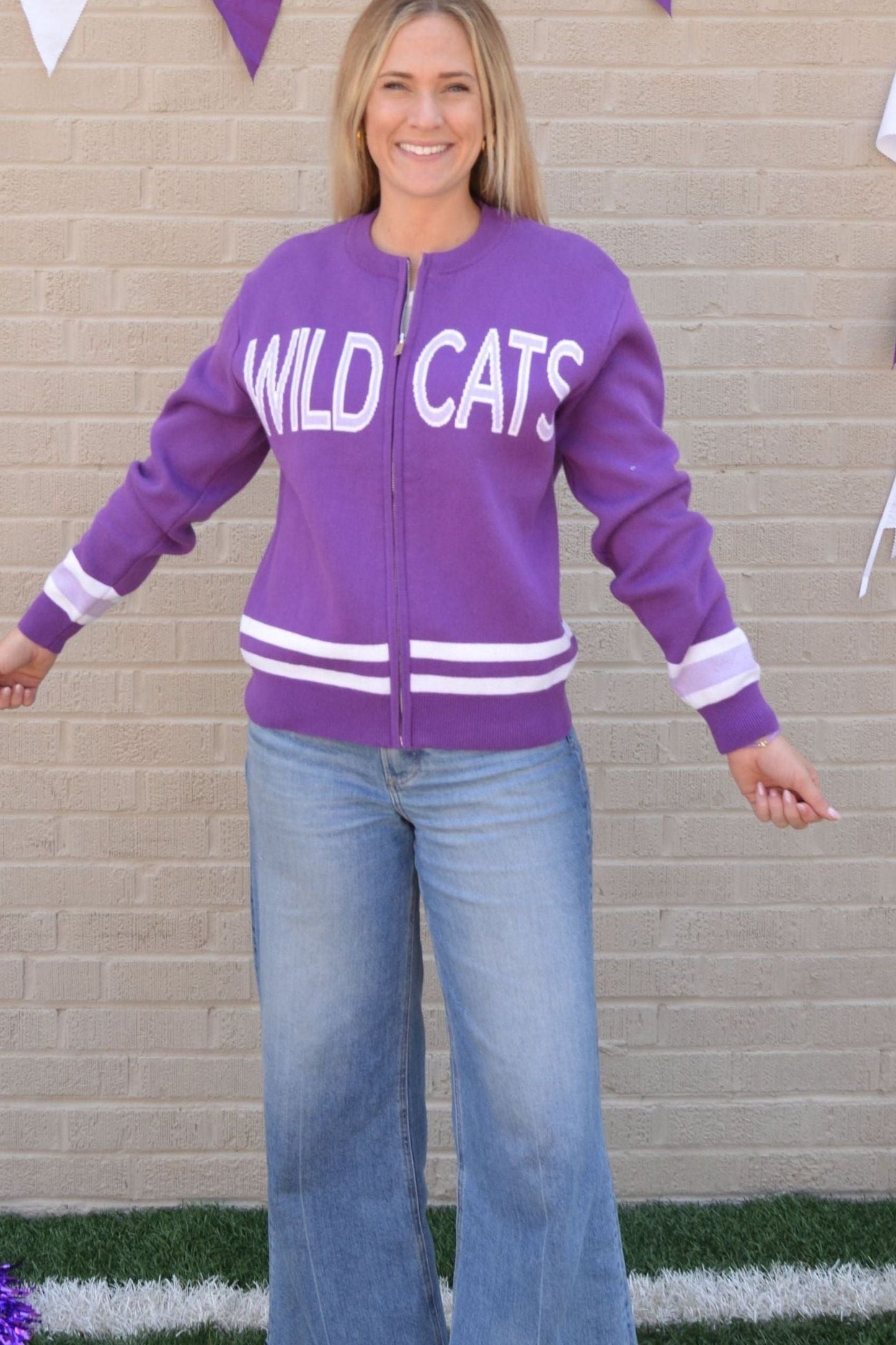 Knit Wildcats Varsity Zip Sweater Jacket – Purple & White